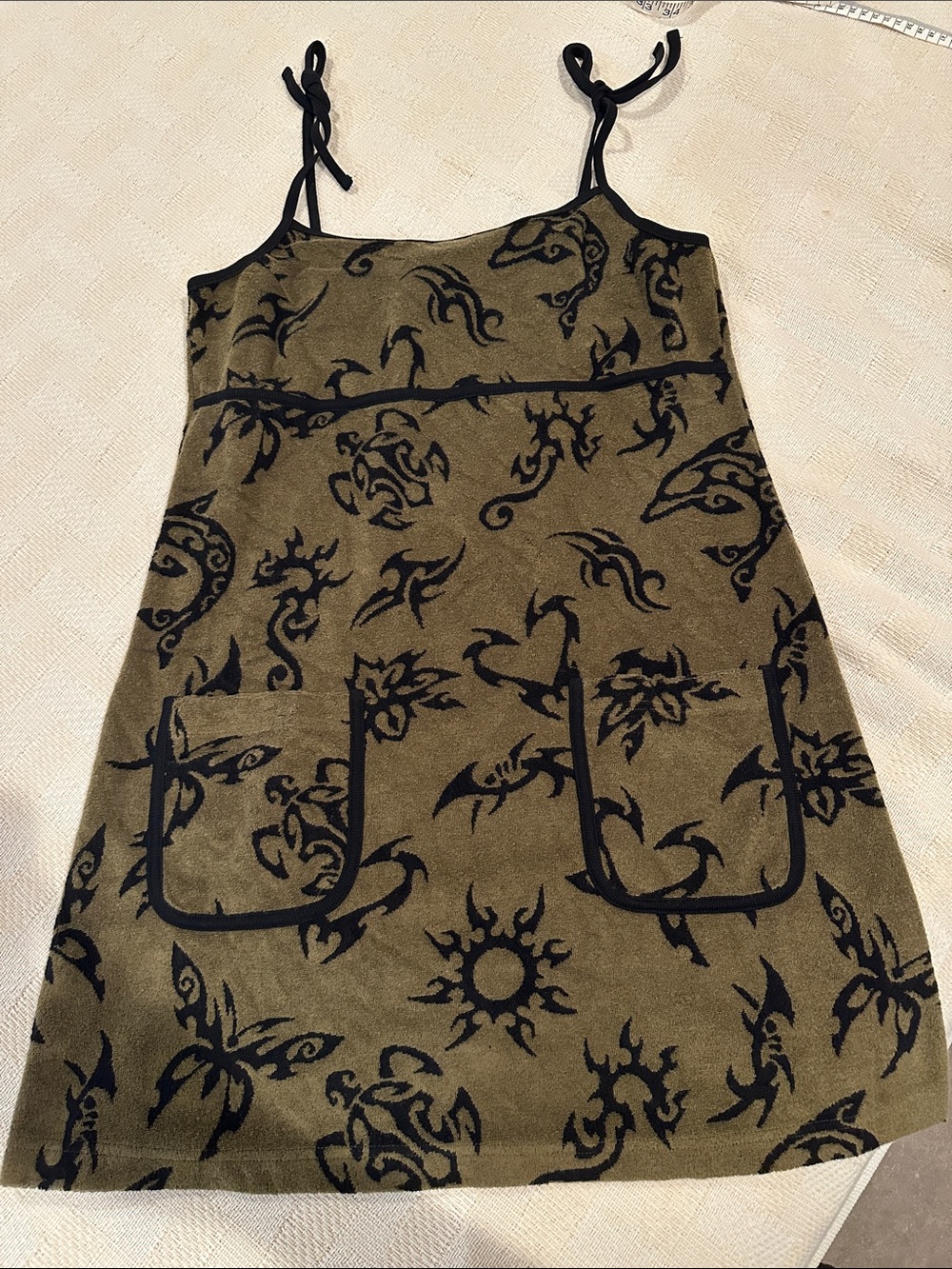TEDDY FRESH Tie-Shoulder Olive Green & Black Terry Cloth Dress Sz M Rare HTF